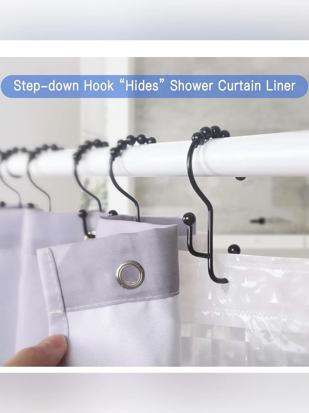 S-Shaped Beaded Shower Curtain Hooks — Black